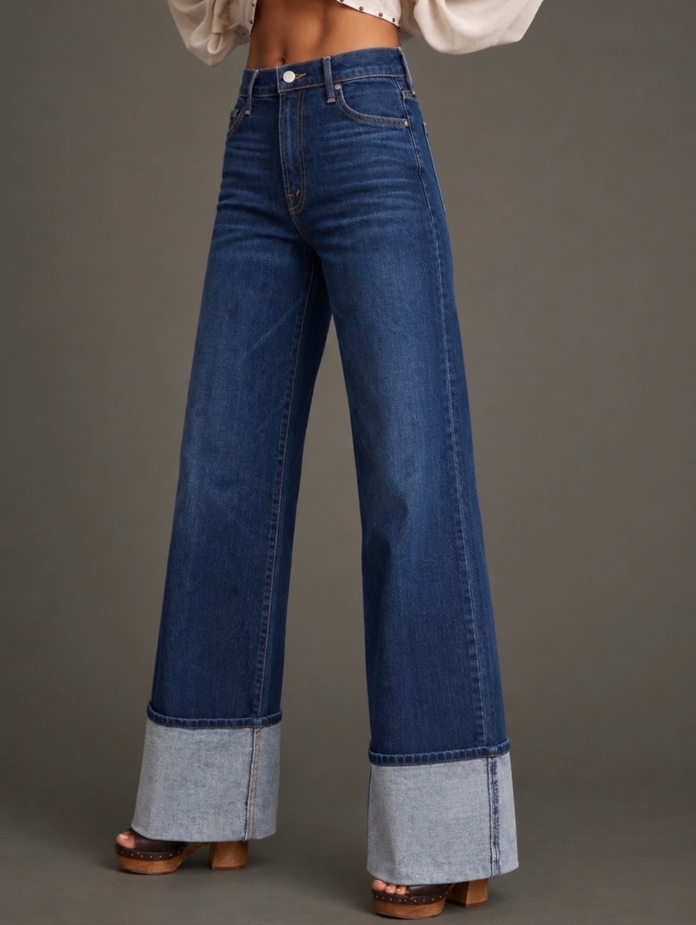 Tgla Wide Leg Dark Blue Denim Jeans with Cuffed Hem Size 27